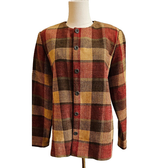 VTG Alfred Dunner Blazer Jacket Fine Chenille FALL Autumn Plaid Red Tan Olive 10 - Picture 1 of 4